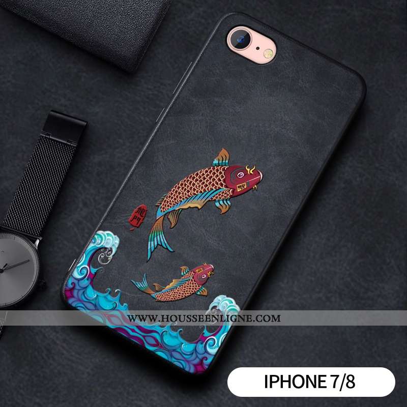 Housse iPhone 7 Silicone Mode Protection Modèle Fleurie Gaufrage Créatif Style Chinois Noir