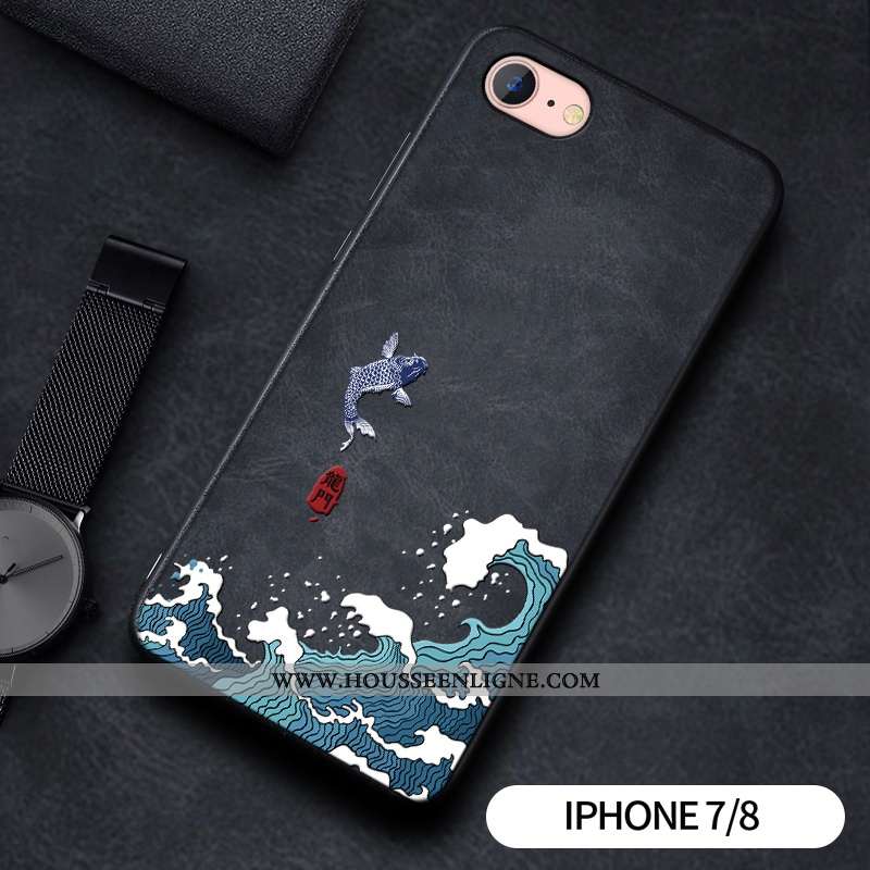Housse iPhone 7 Silicone Mode Protection Modèle Fleurie Gaufrage Créatif Style Chinois Noir