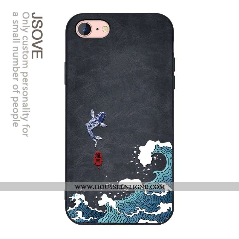 Housse iPhone 7 Silicone Mode Protection Modèle Fleurie Gaufrage Créatif Style Chinois Noir