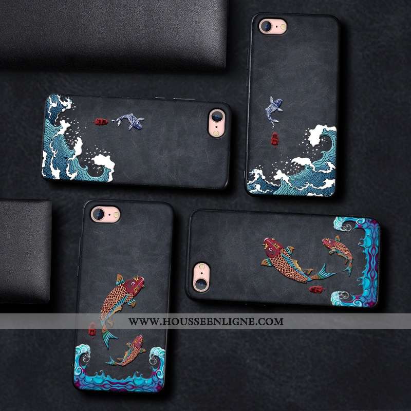 Housse iPhone 7 Silicone Mode Protection Modèle Fleurie Gaufrage Créatif Style Chinois Noir