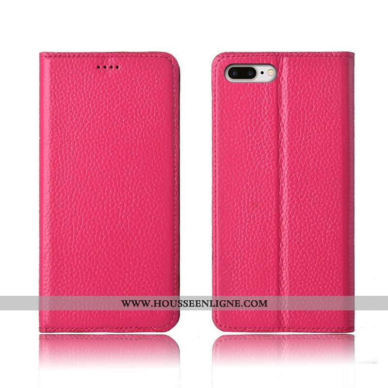 Housse iPhone 8 Plus Fluide Doux Silicone Étui Cuir Litchi Cuir Véritable Clamshell Rose