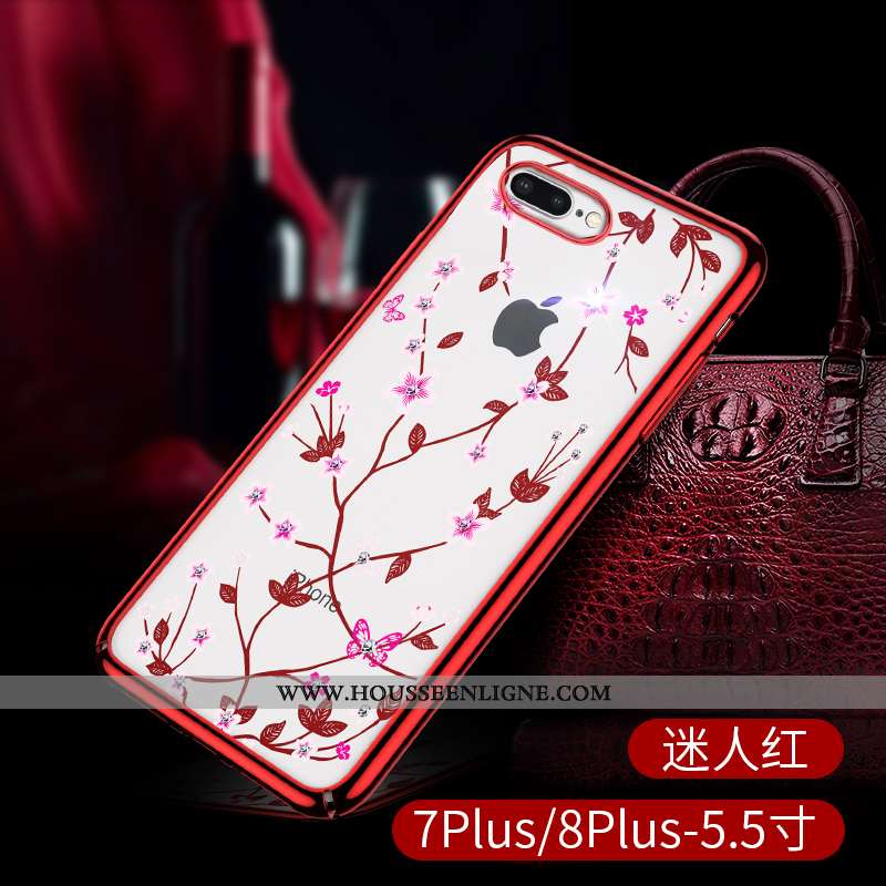 Housse iPhone 8 Plus Transparent Strass Luxe Légère Tout Compris Luxe Incassable Rouge