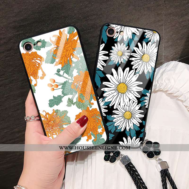Housse iPhone 8 Tendance Silicone Mode Verre Personnalité Téléphone Portable Fleur Orange