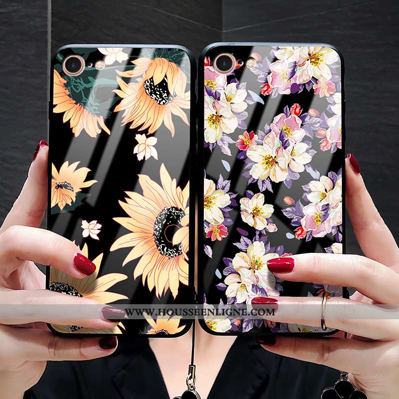 Housse iPhone 8 Tendance Silicone Mode Verre Personnalité Téléphone Portable Fleur Orange
