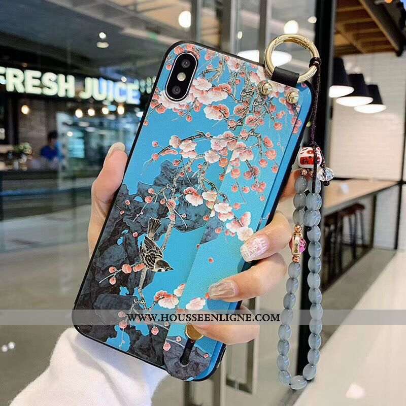 Housse iPhone X Vintage Protection Bracelet Art Fleurs Étui Prune Bleu Foncé