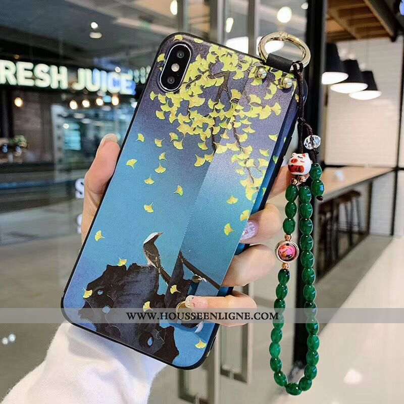 Housse iPhone X Vintage Protection Bracelet Art Fleurs Étui Prune Bleu Foncé