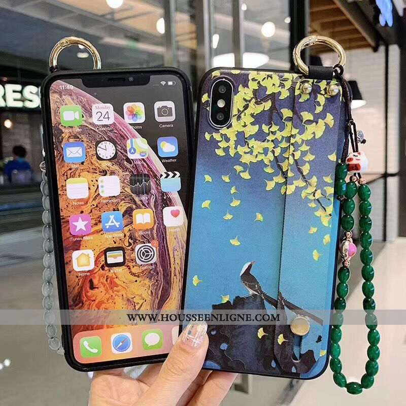 Housse iPhone X Vintage Protection Bracelet Art Fleurs Étui Prune Bleu Foncé