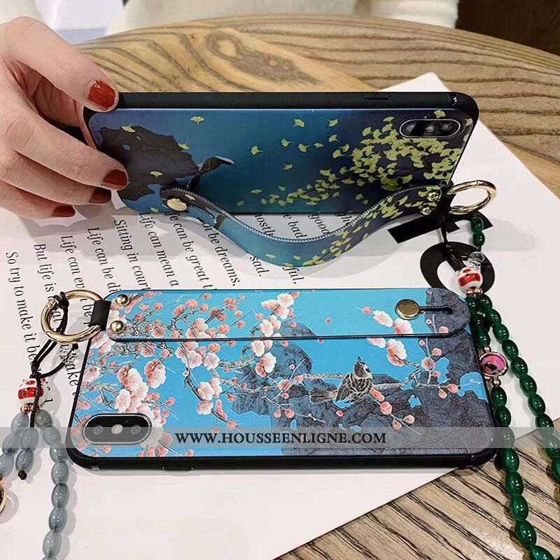 Housse iPhone X Vintage Protection Bracelet Art Fleurs Étui Prune Bleu Foncé