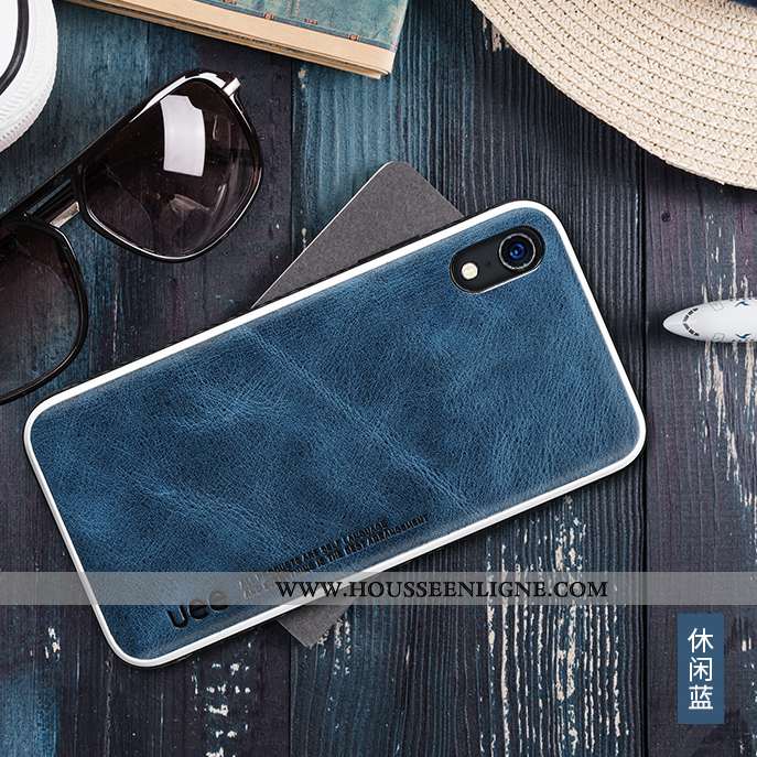 Housse iPhone Xr Silicone Cuir Véritable Téléphone Portable Business Coque Tout Compris Étui Bleu Fo