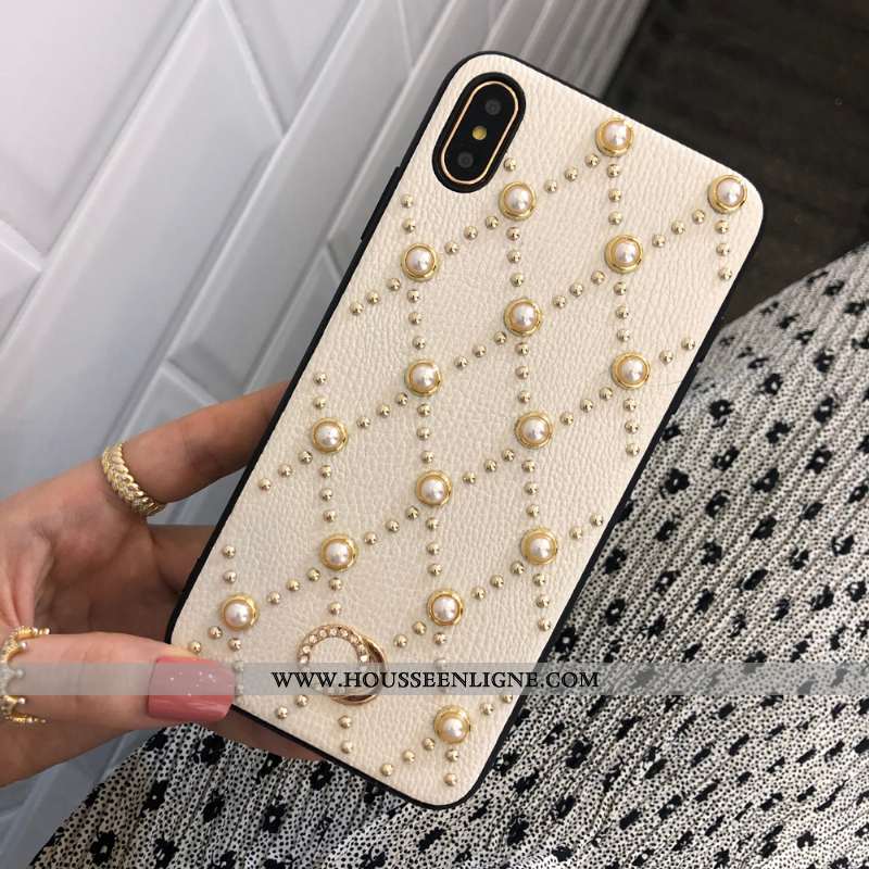 Housse iPhone Xs Max Cuir Véritable Chaîne Perle Téléphone Portable Étui Blanc Coque Blanche