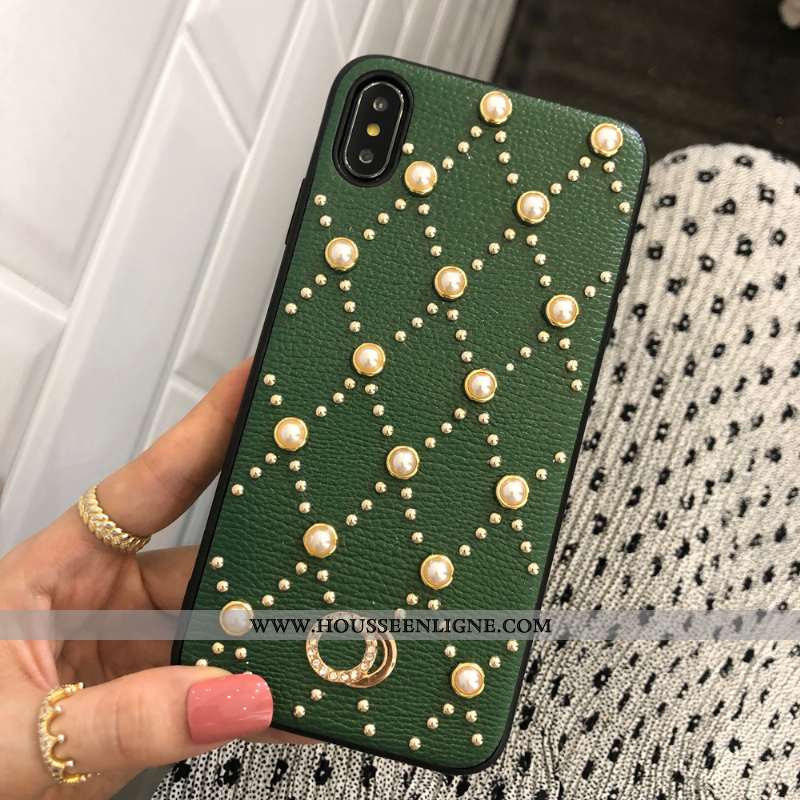 Housse iPhone Xs Max Cuir Véritable Chaîne Perle Téléphone Portable Étui Blanc Coque Blanche