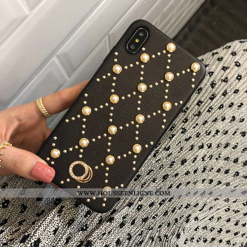 Housse iPhone Xs Max Cuir Véritable Chaîne Perle Téléphone Portable Étui Blanc Coque Blanche