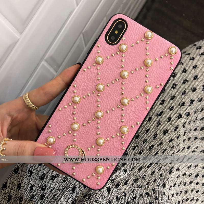 Housse iPhone Xs Max Cuir Véritable Chaîne Perle Téléphone Portable Étui Blanc Coque Blanche