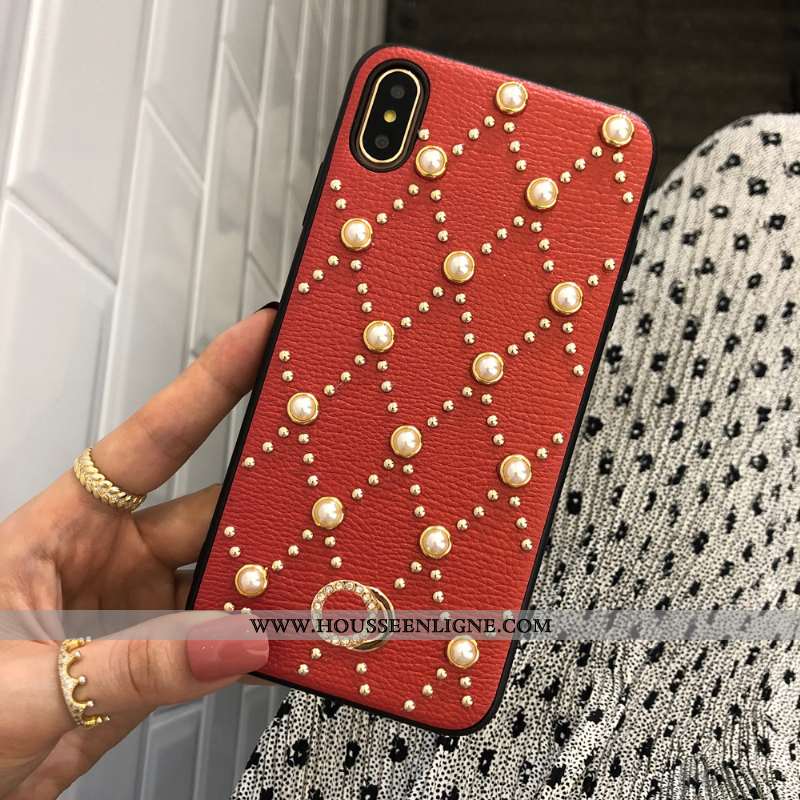 Housse iPhone Xs Max Cuir Véritable Chaîne Perle Téléphone Portable Étui Blanc Coque Blanche