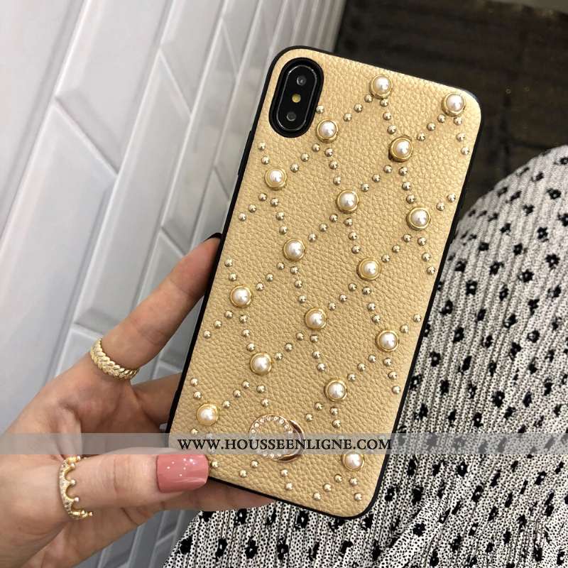 Housse iPhone Xs Max Cuir Véritable Chaîne Perle Téléphone Portable Étui Blanc Coque Blanche