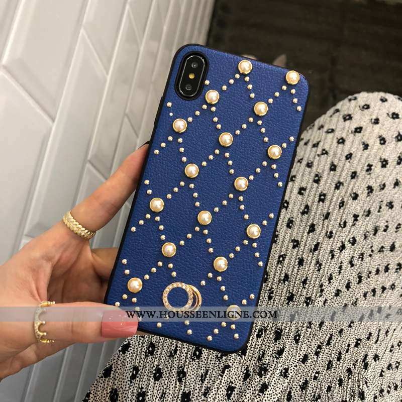 Housse iPhone Xs Max Cuir Véritable Chaîne Perle Téléphone Portable Étui Blanc Coque Blanche