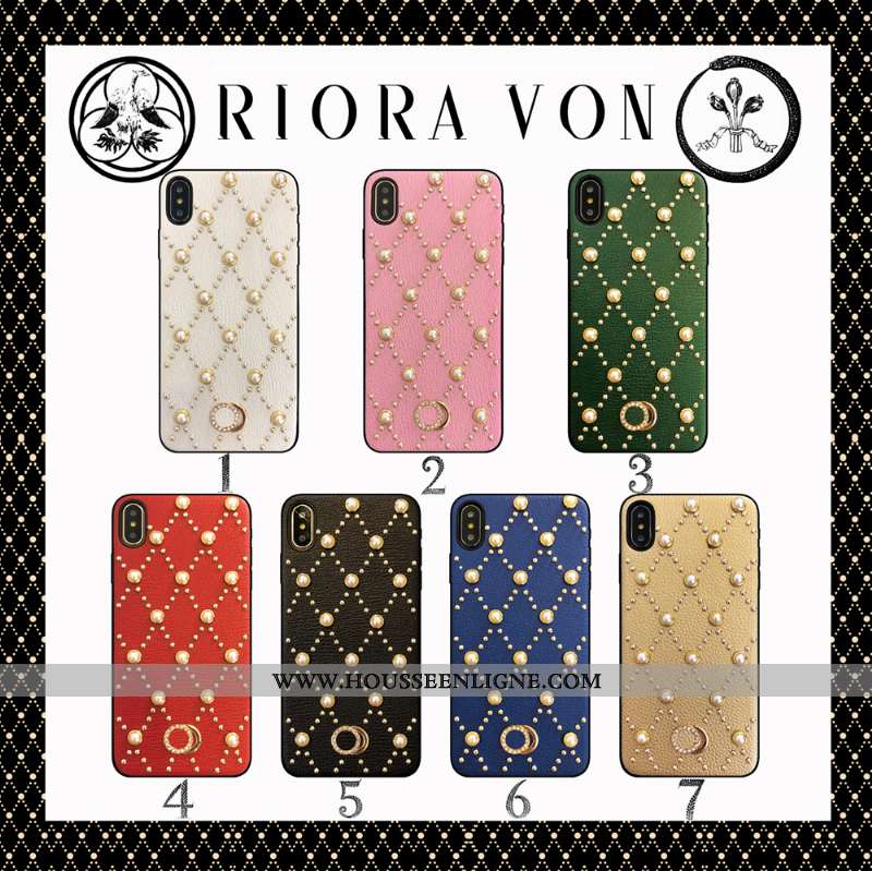 Housse iPhone Xs Max Cuir Véritable Chaîne Perle Téléphone Portable Étui Blanc Coque Blanche