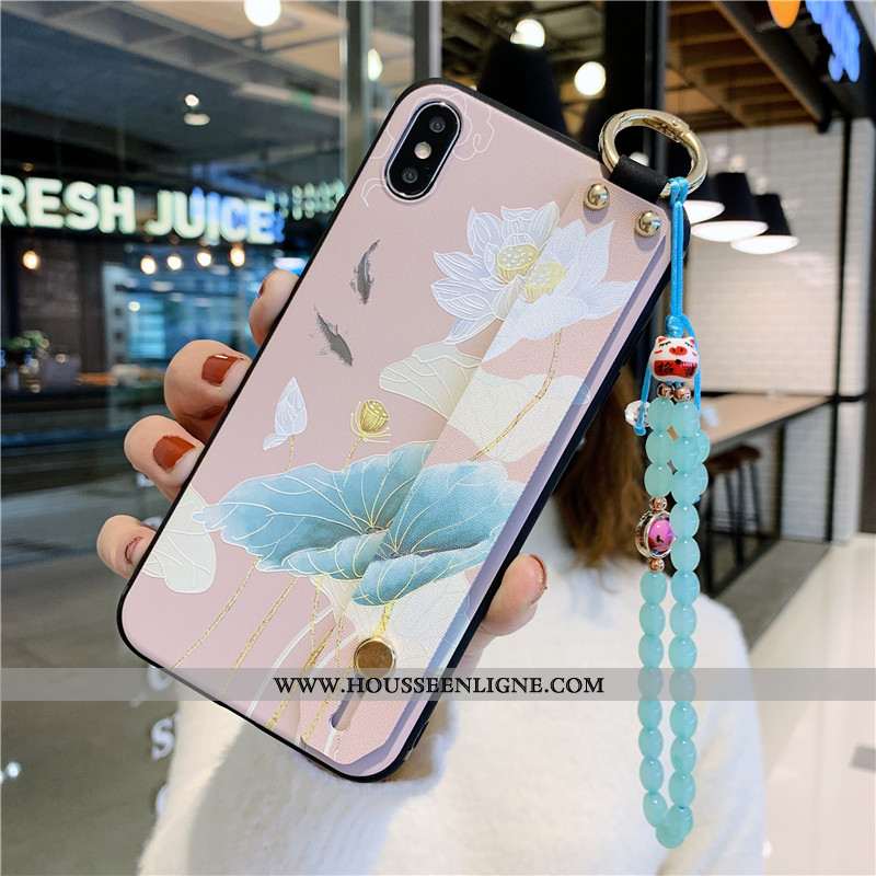 Housse iPhone Xs Max Fluide Doux Protection Fleur Bracelet Étui Vintage Coque Rose