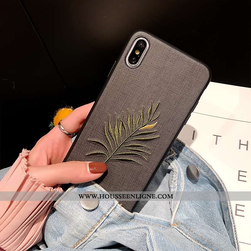 Housse iPhone Xs Max Personnalité Tendance Broderie Nouveau Étui Fleur Incassable Gris