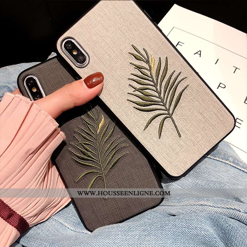 Housse iPhone Xs Max Personnalité Tendance Broderie Nouveau Étui Fleur Incassable Gris