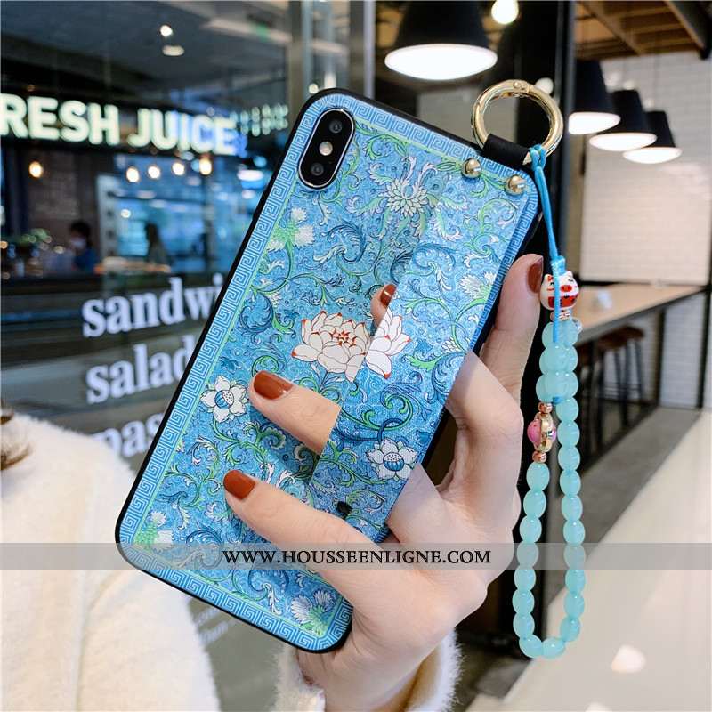 Housse iPhone Xs Max Protection Vintage Coque Bracelet Silicone Support Étui Bleu