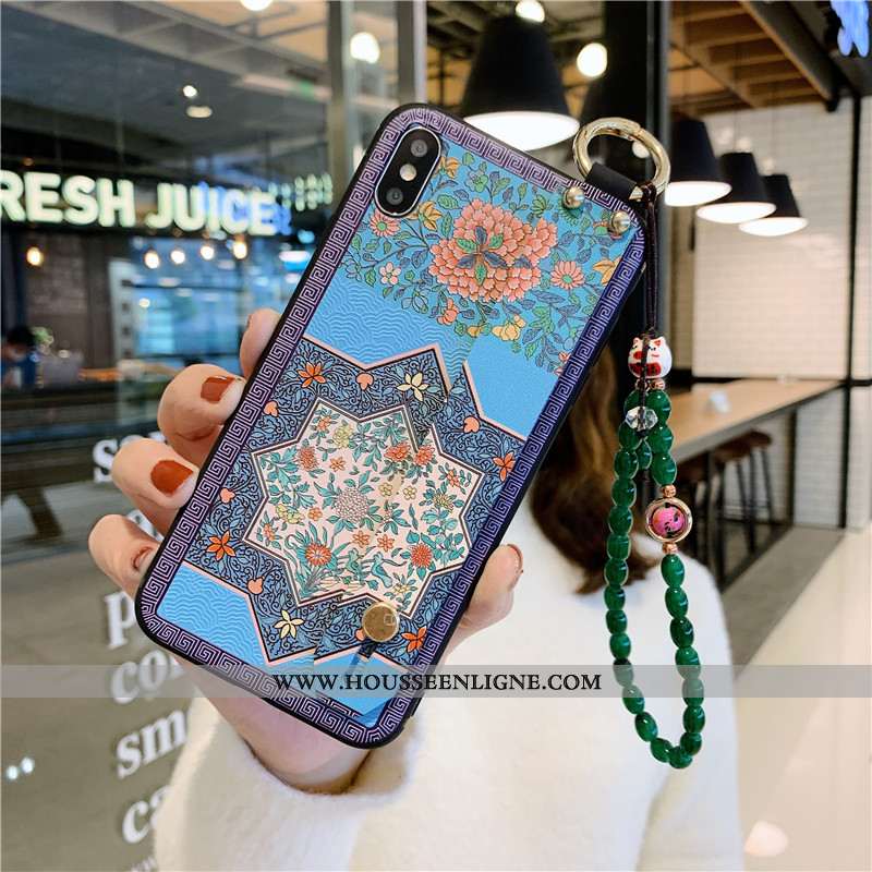 Housse iPhone Xs Max Protection Vintage Coque Bracelet Silicone Support Étui Bleu