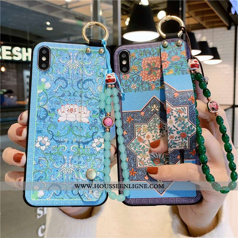 Housse iPhone Xs Max Protection Vintage Coque Bracelet Silicone Support Étui Bleu