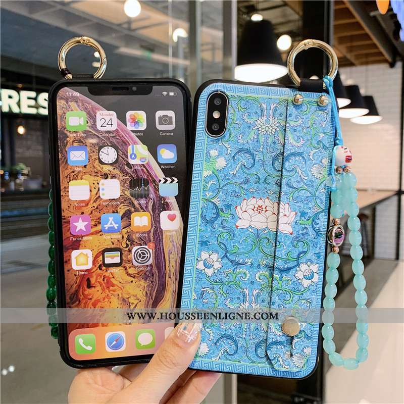 Housse iPhone Xs Max Protection Vintage Coque Bracelet Silicone Support Étui Bleu