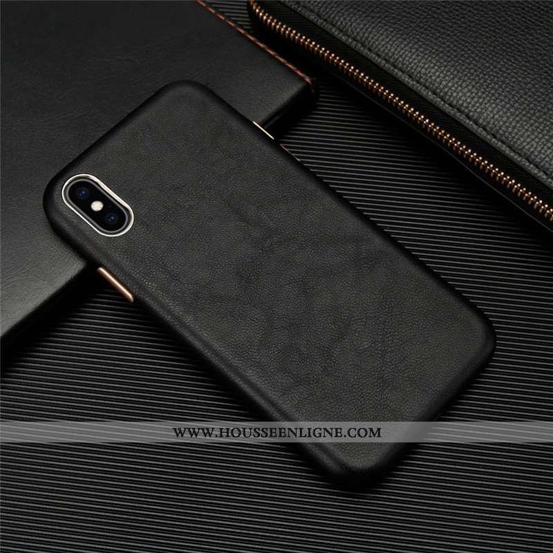 Housse iPhone Xs Personnalité Cuir Véritable Cuir Légère Coque Incassable Téléphone Portable Noir