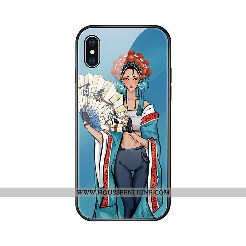 Housse iPhone Xs Vintage Tendance Créatif Téléphone Portable Amoureux Verre Style Chinois Bleu