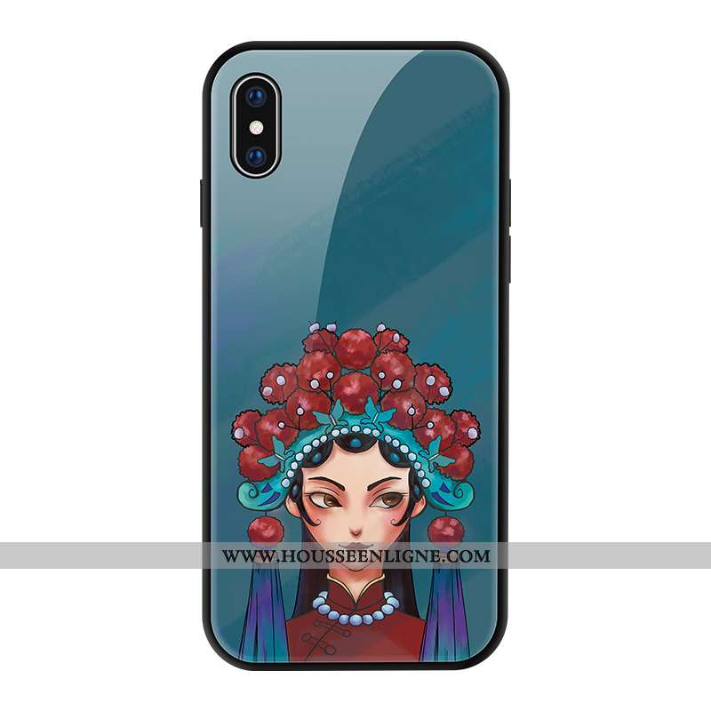 Housse iPhone Xs Vintage Tendance Créatif Téléphone Portable Amoureux Verre Style Chinois Bleu