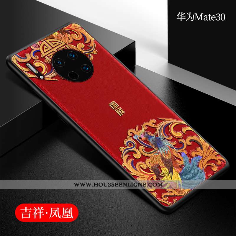 Étui Huawei Mate 30 Cuir Silicone Coque Style Chinois Incassable Net Rouge Téléphone Portable Bleu