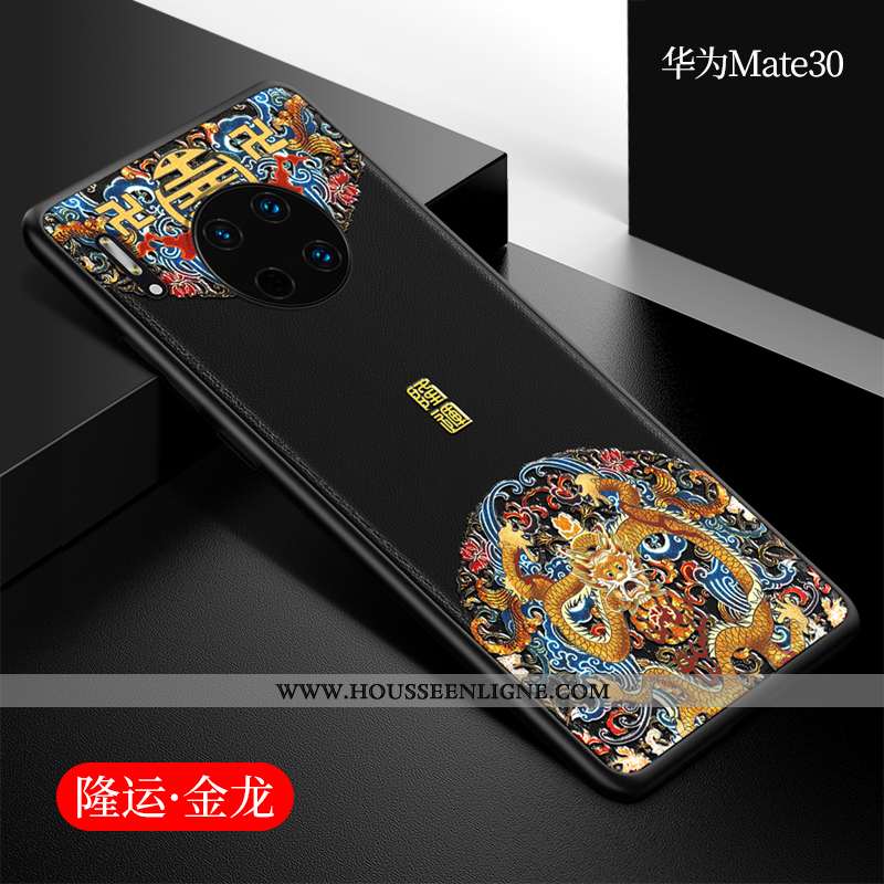 Étui Huawei Mate 30 Cuir Silicone Coque Style Chinois Incassable Net Rouge Téléphone Portable Bleu