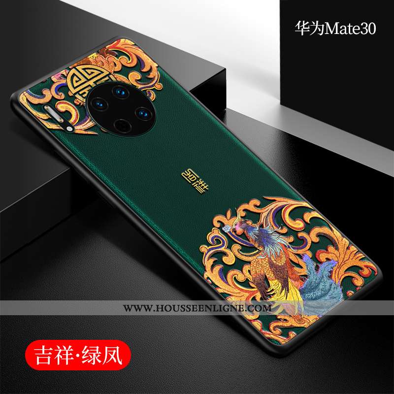 Étui Huawei Mate 30 Cuir Silicone Coque Style Chinois Incassable Net Rouge Téléphone Portable Bleu
