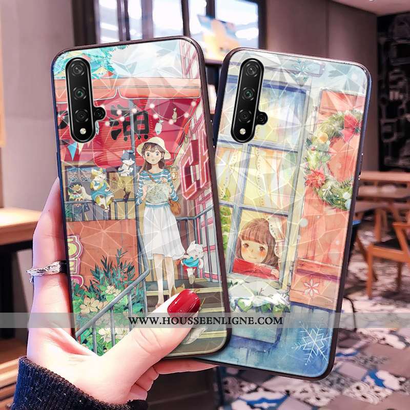 Étui Huawei Nova 5t Fluide Doux Modèle Fleurie Net Rouge Frais Vert Losange Téléphone Portable Verte