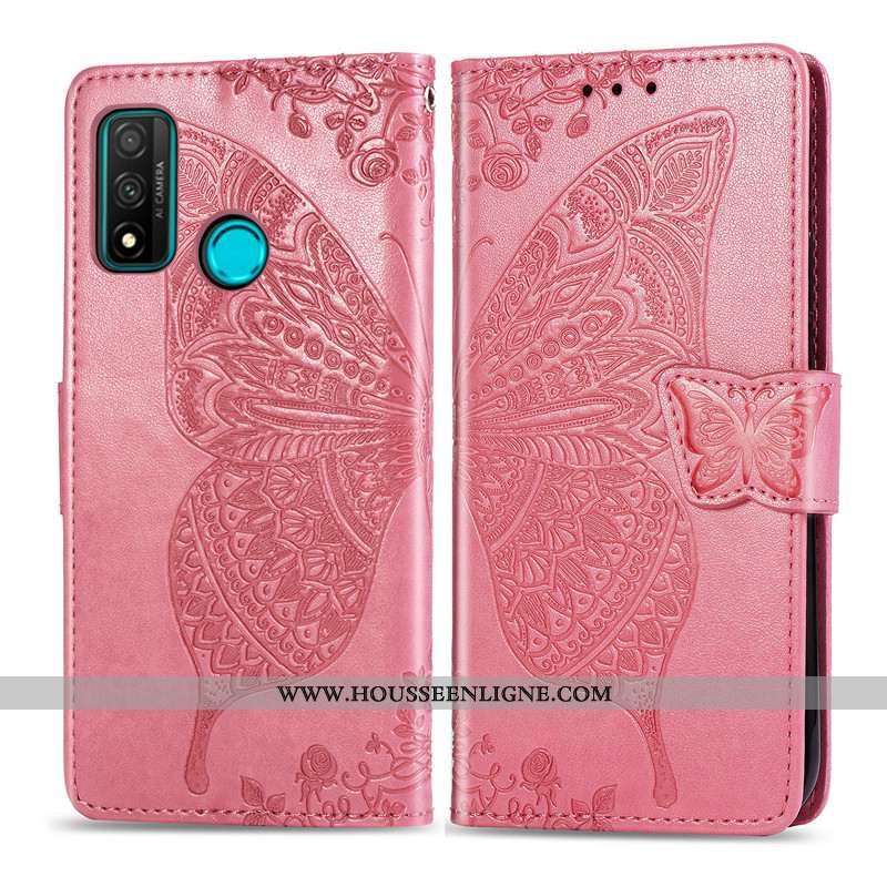 Étui Huawei P Smart 2020 Gaufrage Charmant Papillon Téléphone Portable Rouge Coque Housse Rose