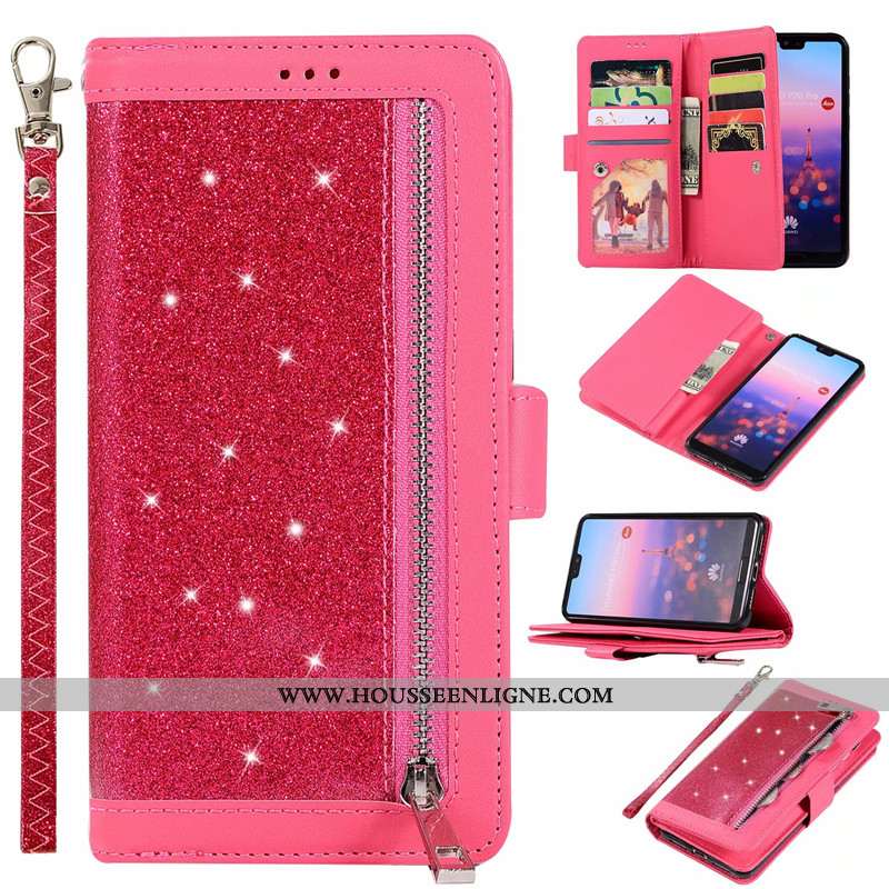 Étui Huawei P20 Lite Portefeuille Fermeture Éclair Rose Violet Cuir Véritable Téléphone Portable