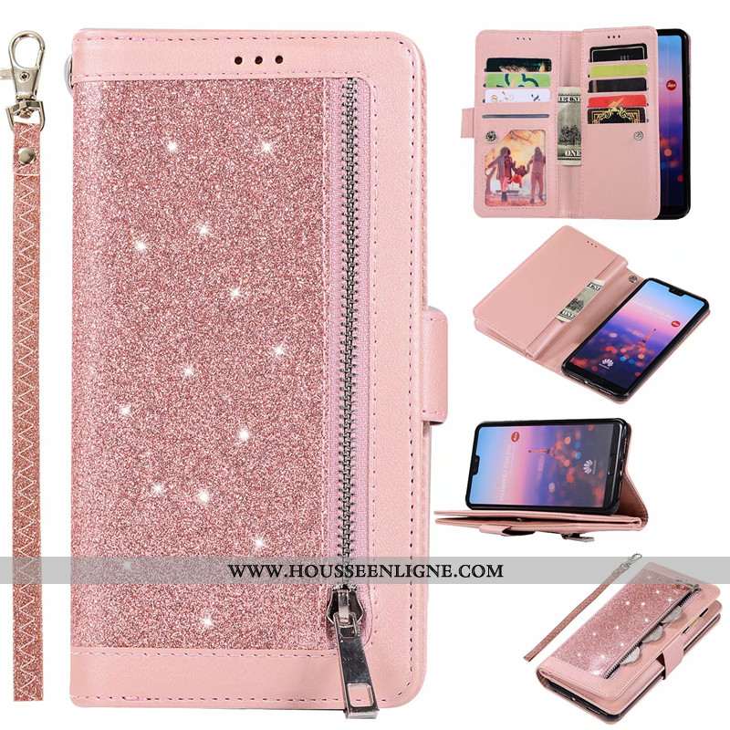 Étui Huawei P20 Lite Portefeuille Fermeture Éclair Rose Violet Cuir Véritable Téléphone Portable