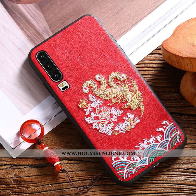 Étui Huawei P30 Gaufrage Vintage Modèle Fleurie Téléphone Portable Qualité Net Rouge Vent