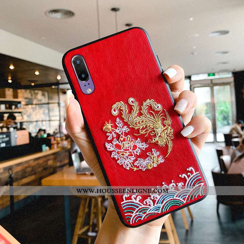 Étui Huawei P30 Gaufrage Vintage Modèle Fleurie Téléphone Portable Qualité Net Rouge Vent