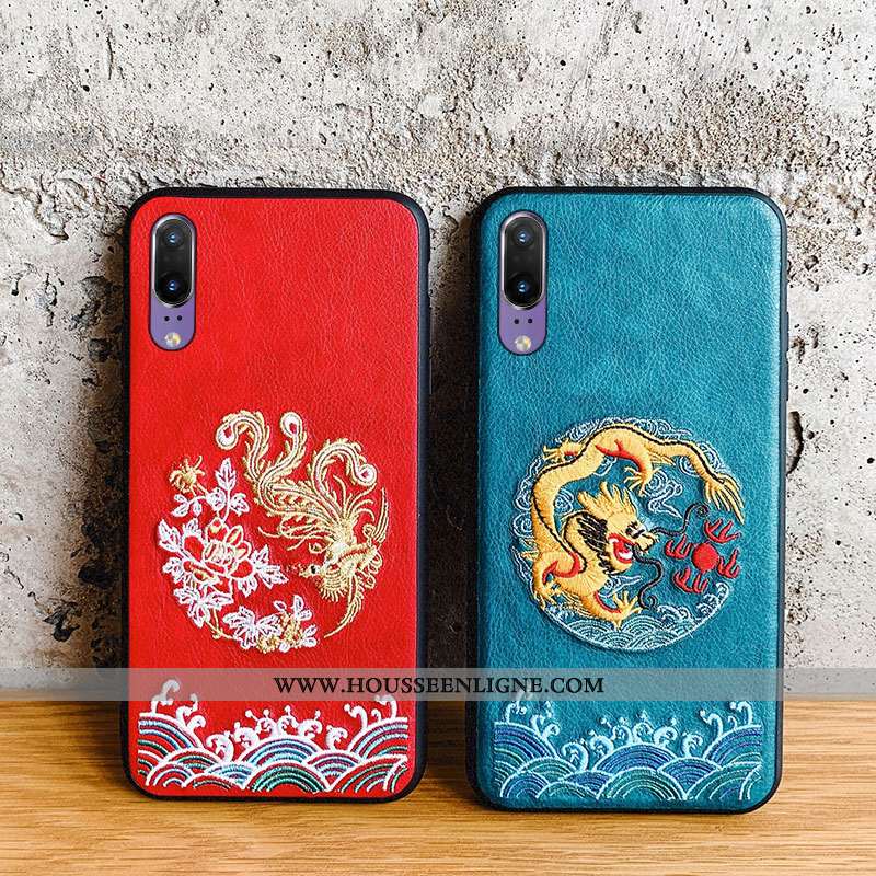 Étui Huawei P30 Gaufrage Vintage Modèle Fleurie Téléphone Portable Qualité Net Rouge Vent