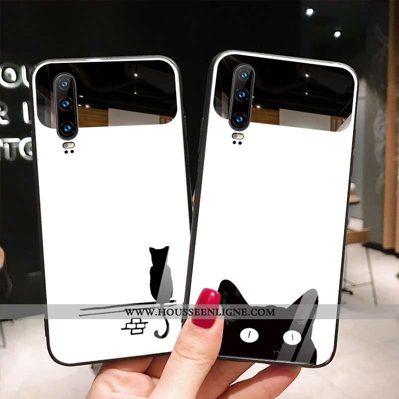 Étui Huawei P30 Verre Tendance Net Rouge Chat Simple Blanc Téléphone Portable Blanche