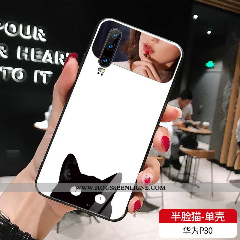 Étui Huawei P30 Verre Tendance Net Rouge Chat Simple Blanc Téléphone Portable Blanche