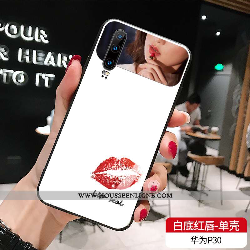 Étui Huawei P30 Verre Tendance Net Rouge Chat Simple Blanc Téléphone Portable Blanche