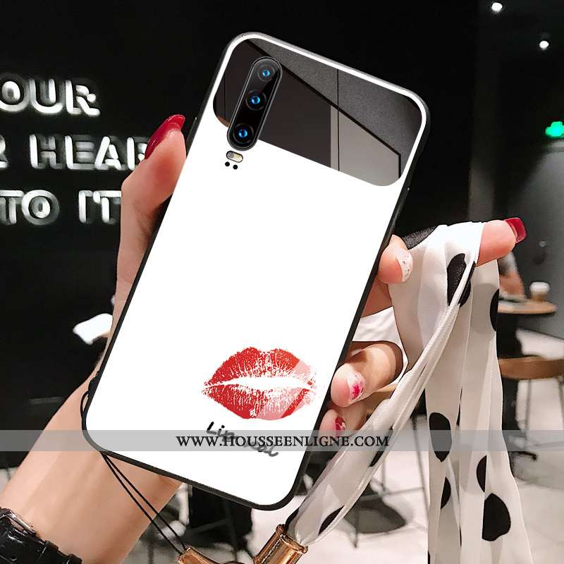 Étui Huawei P30 Verre Tendance Net Rouge Chat Simple Blanc Téléphone Portable Blanche