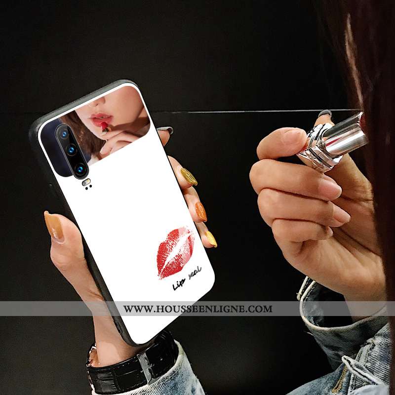 Étui Huawei P30 Verre Tendance Net Rouge Chat Simple Blanc Téléphone Portable Blanche