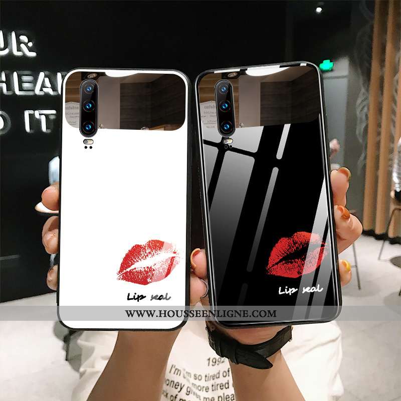 Étui Huawei P30 Verre Tendance Net Rouge Chat Simple Blanc Téléphone Portable Blanche