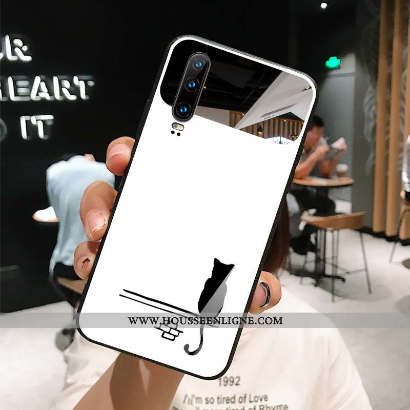 Étui Huawei P30 Verre Tendance Net Rouge Chat Simple Blanc Téléphone Portable Blanche