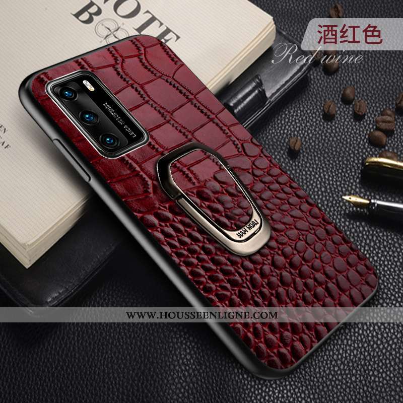 Étui Huawei P40 Créatif Cuir Véritable Tendance Personnalité Anneau Cuir Bordeaux
