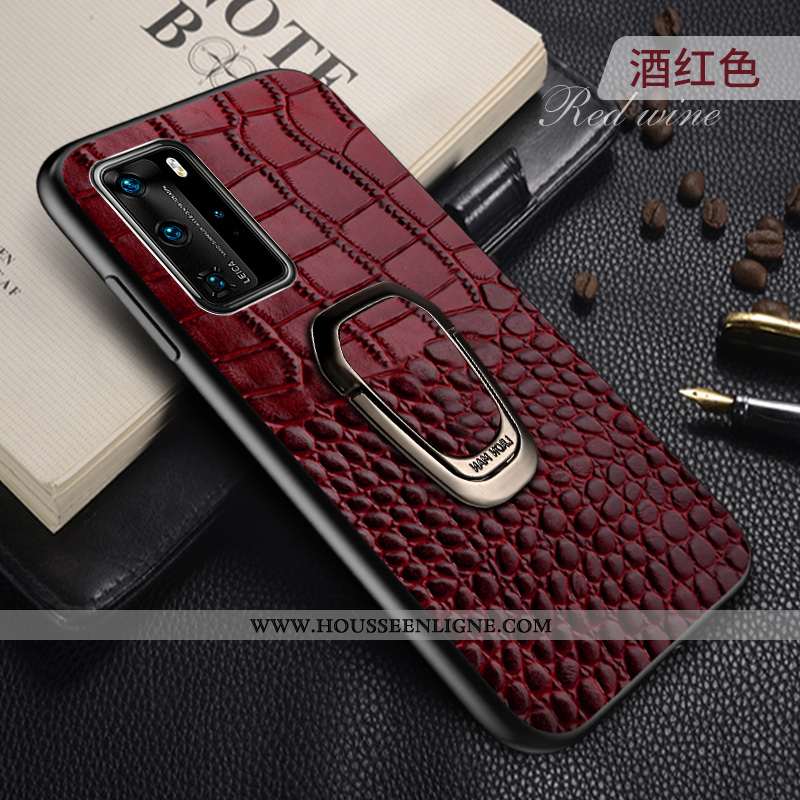 Étui Huawei P40 Créatif Cuir Véritable Tendance Personnalité Anneau Cuir Bordeaux